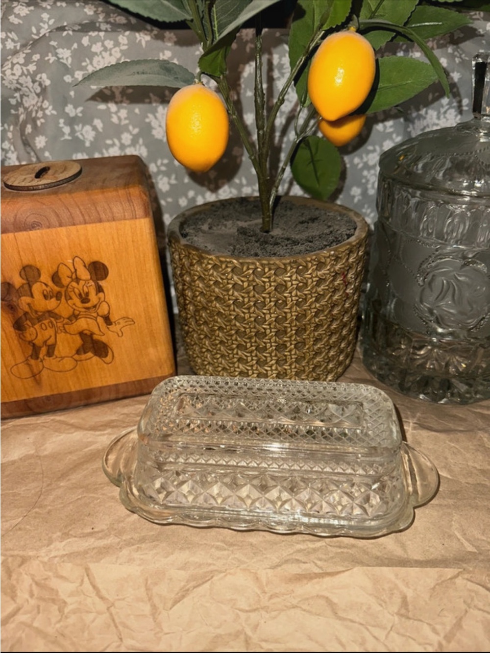 Clear Pressed Glass Butter Dish - Diamond Pattern